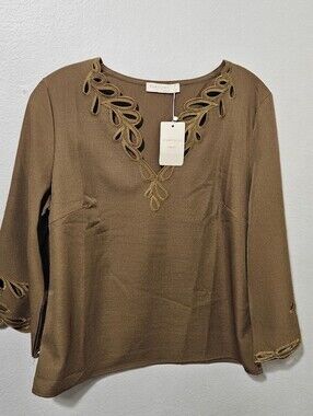 Everlynn Olive Brown Embroidered V-Neck Blouse